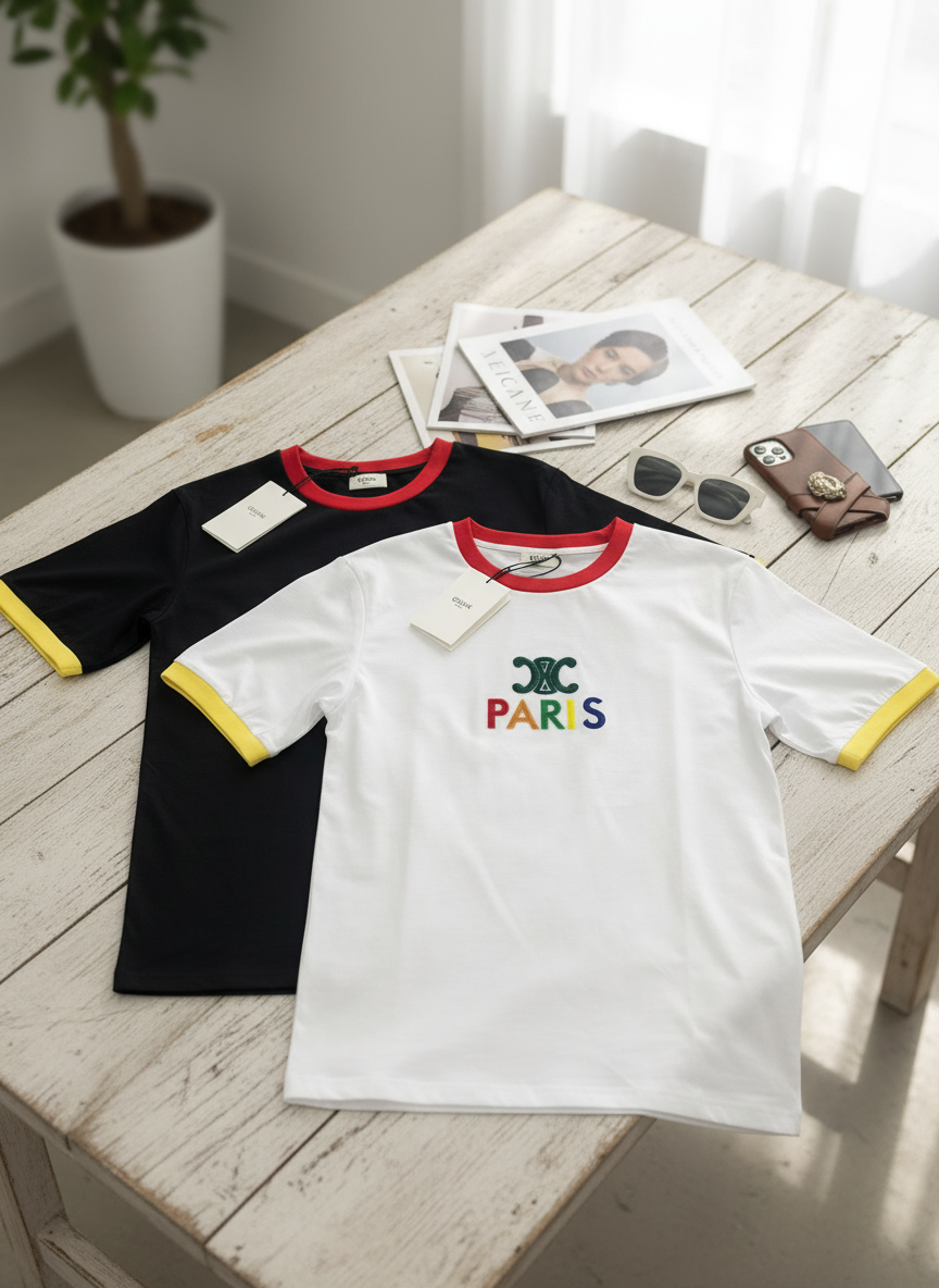 CELINE Paris Unisex Cotton Embroidered Logo T-Shirt