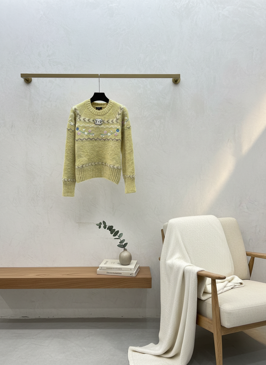 CHANEL Yellow Wool Floral Knit Sweater Women
