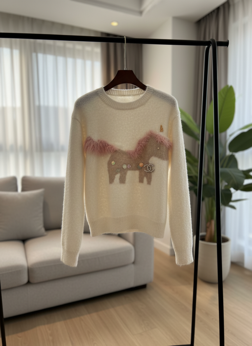 CHANEL Women White Wool Sweater Pink Fur Pullover