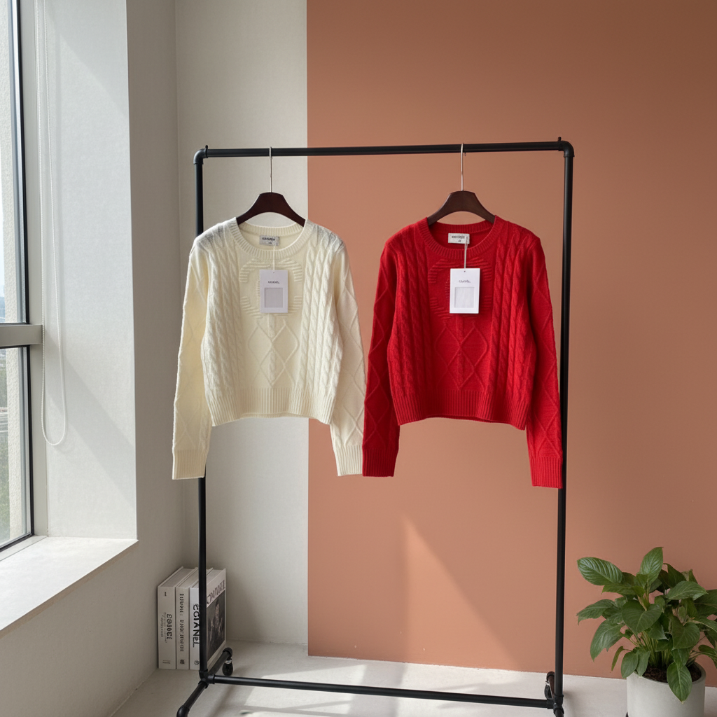 CHANEL Cable Knit Sweater White Red Pullover