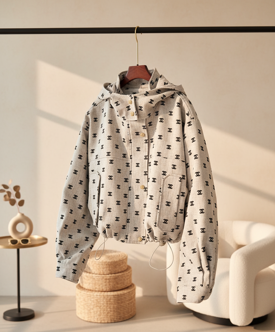 CHANEL Hooded Jacket Logo Print Lightweight Coat