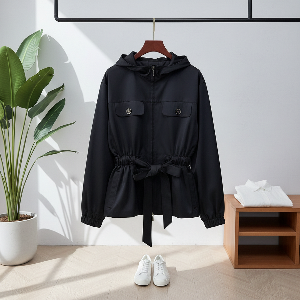 CHANEL Womens Black Hooded Drawstring Zip Up Jacket