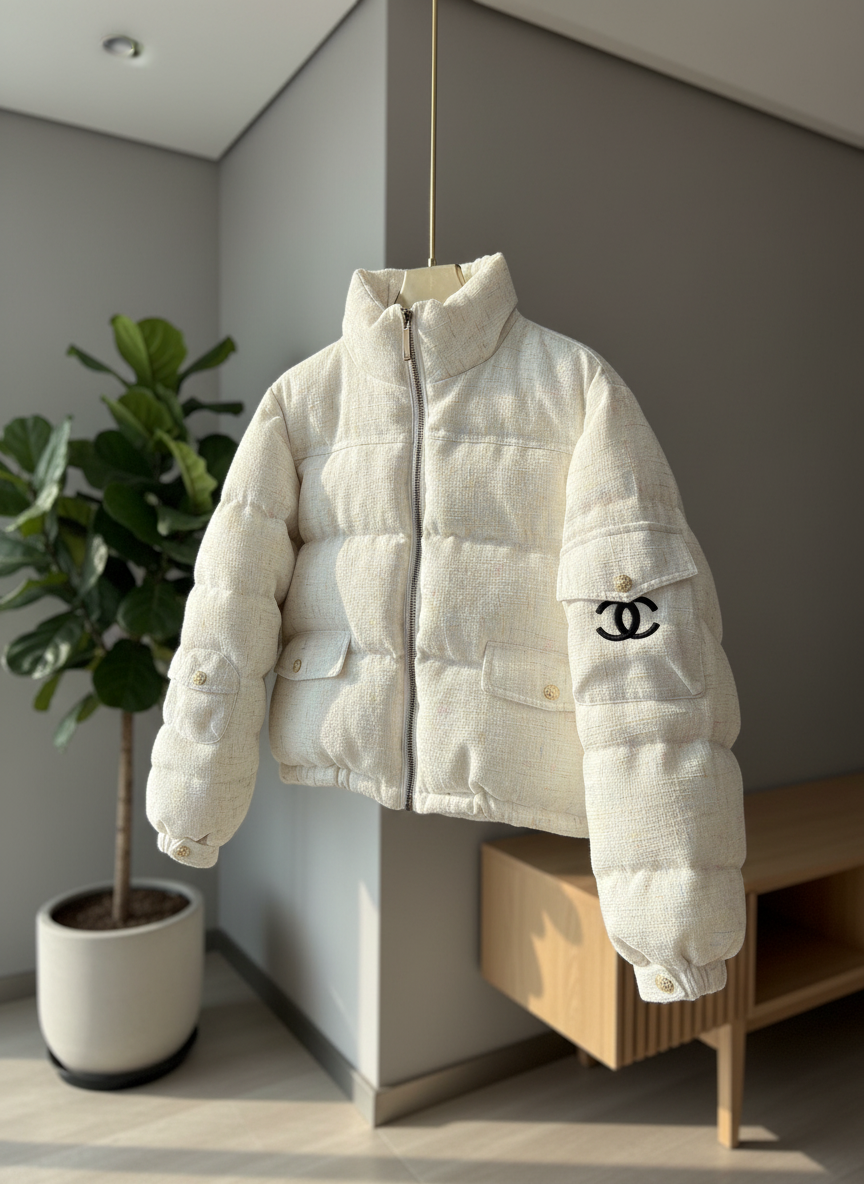 CHANEL Beige Tweed Puffer Jacket Women Winter