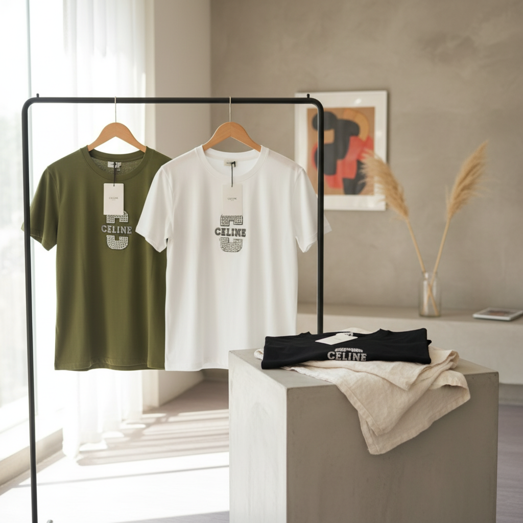 CELINE Logo Cotton T-Shirt Unisex Casual Top