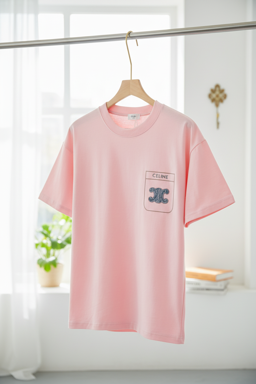 CELINE Pink Cotton Embroidered Logo T-Shirt