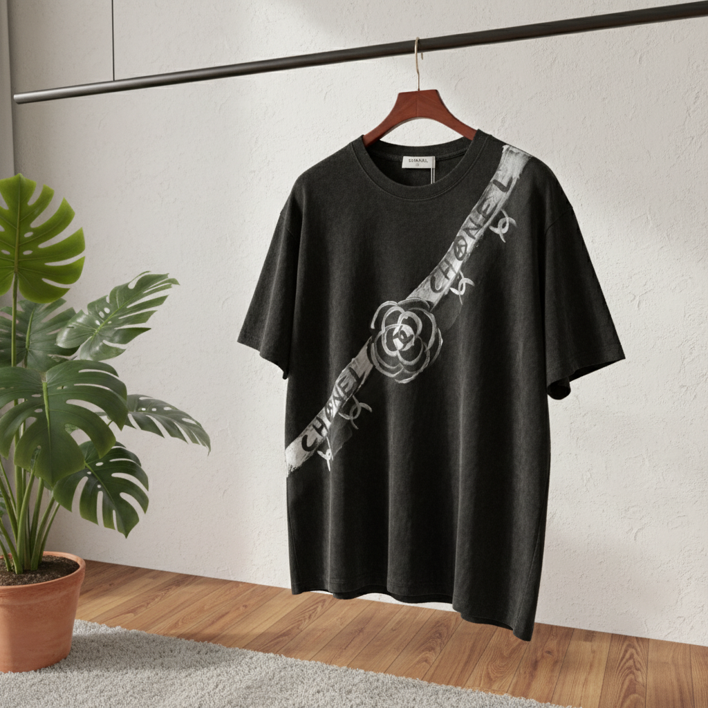 CHANEL Black Cotton T-Shirt White Logo Flower Print