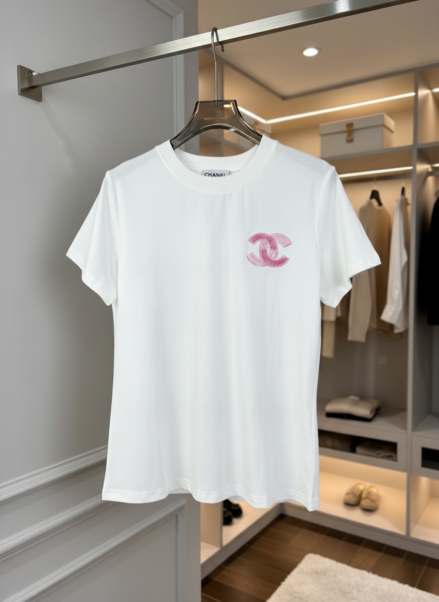 CHANEL White Pink Logo Women T-Shirt