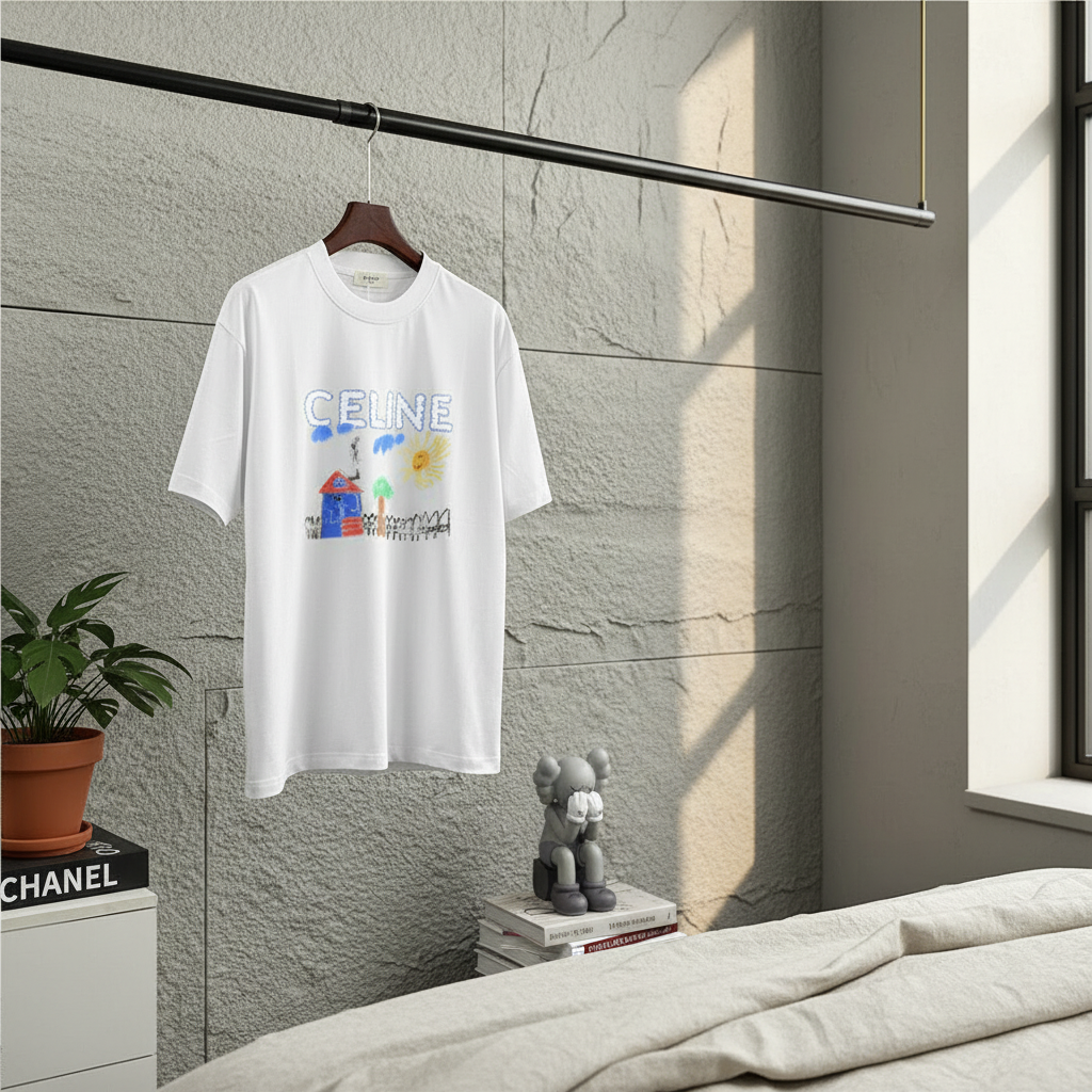 CELINE White Cartoon Print Unisex Cotton T-Shirt