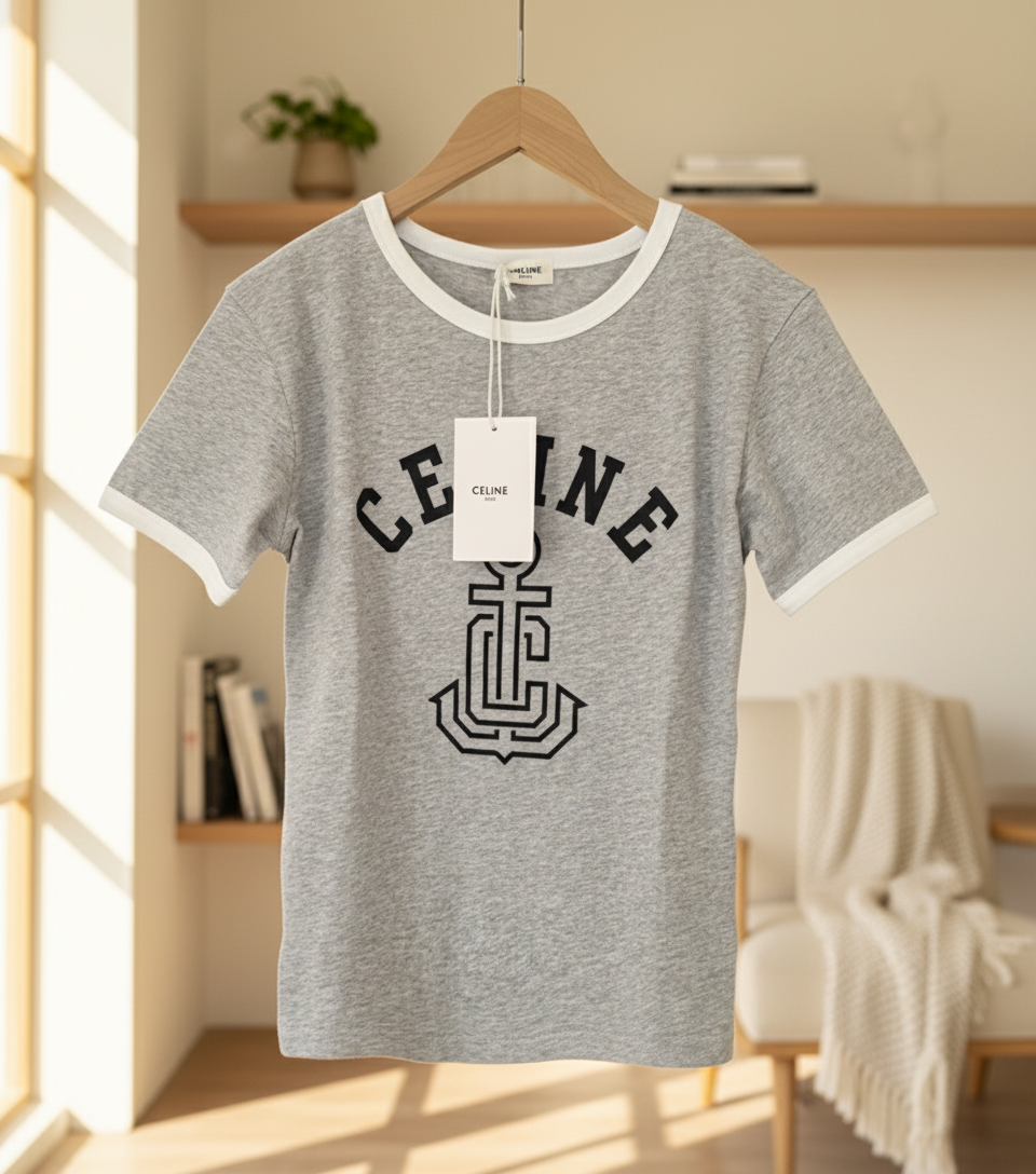 CELINE Grey Logo Cotton Women T-Shirt