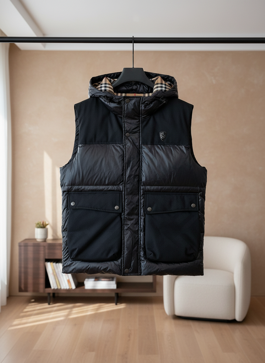 Burberry Men Hooded Down Vest Quilted Puffer Gilet Black