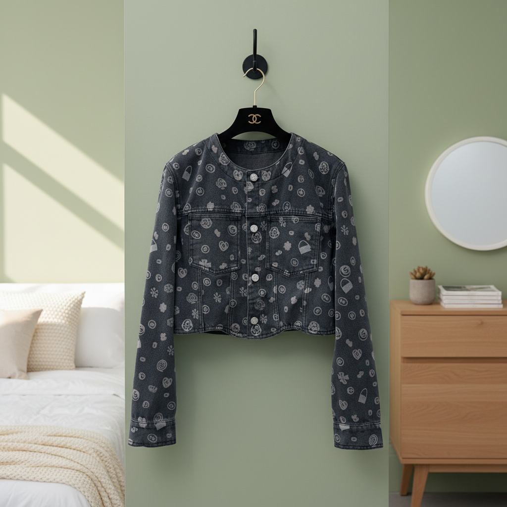 CHANEL Women Cropped Denim Jacket Dark Gray Fashion