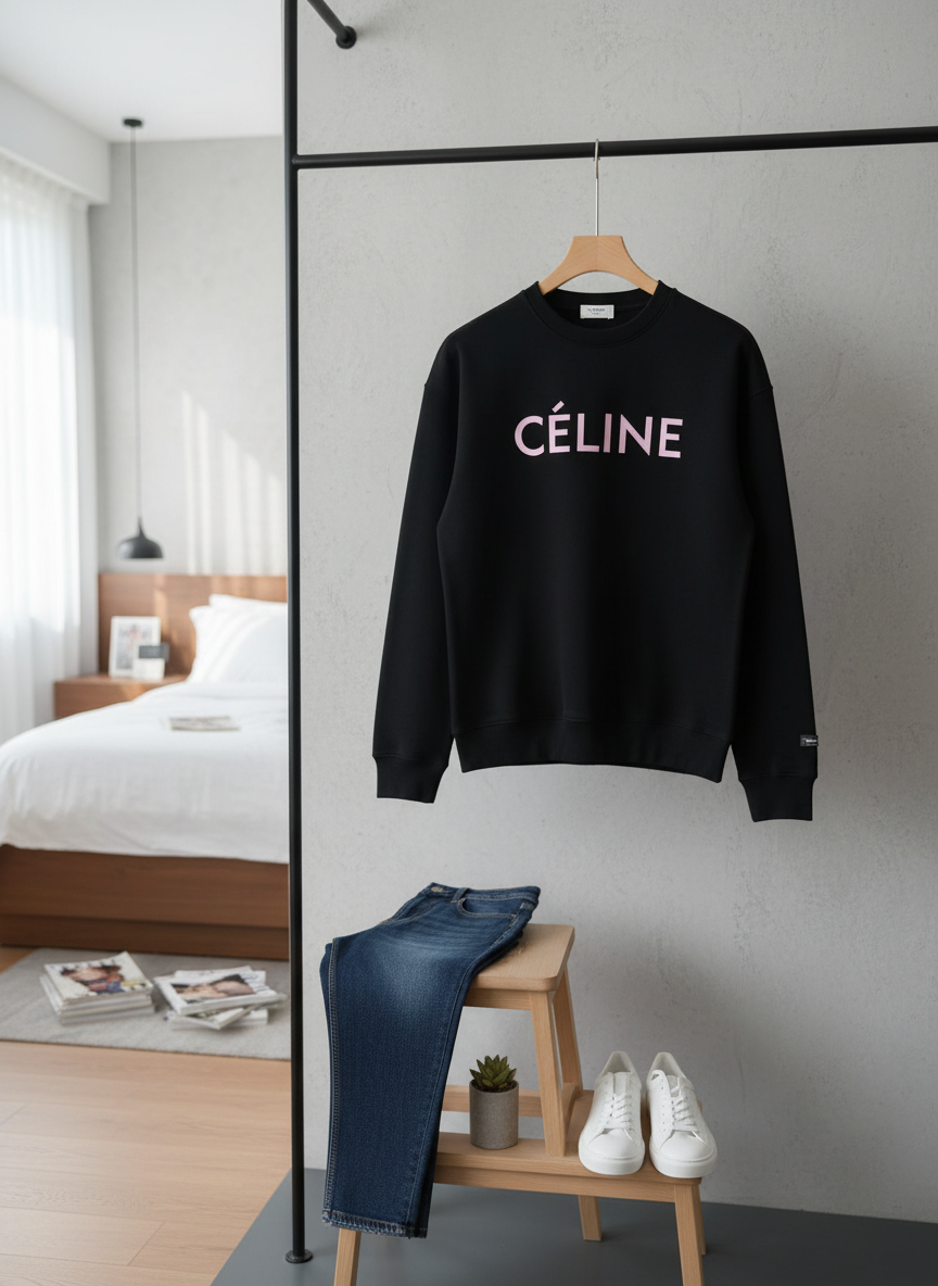 CELINE Black Hoodie Pink Logo Unisex Sweatshirt