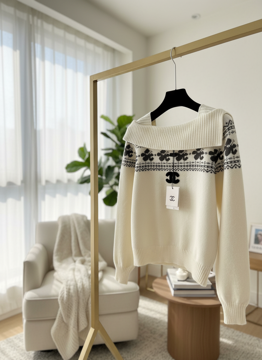 CHANEL Wool Knit Logo Hoodies Red White Sweater