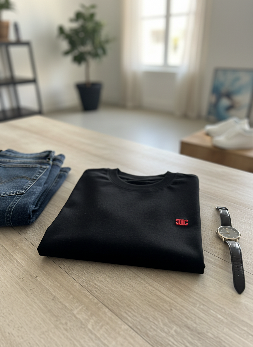 CELINE Black Cotton T-Shirt Red Logo Casual Tee
