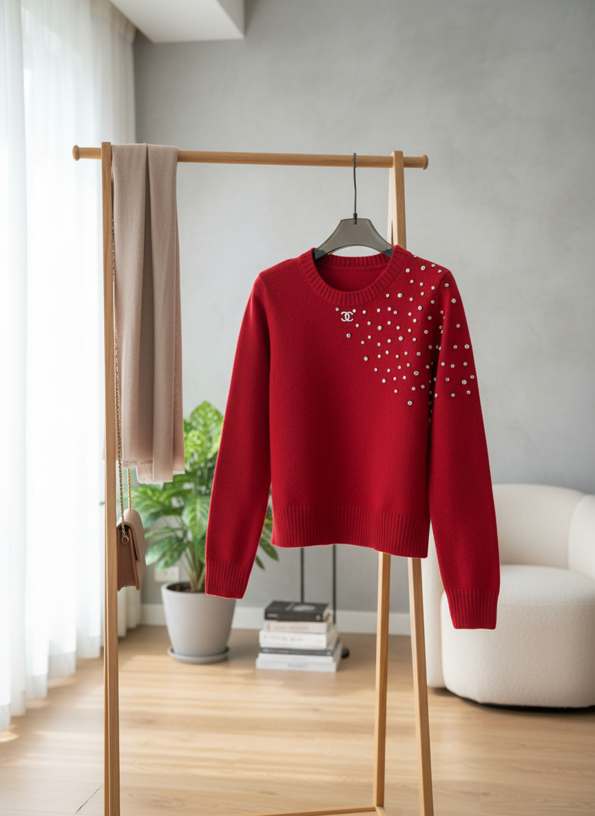 CHANEL Red Pearl Knit Hoodie Sweater