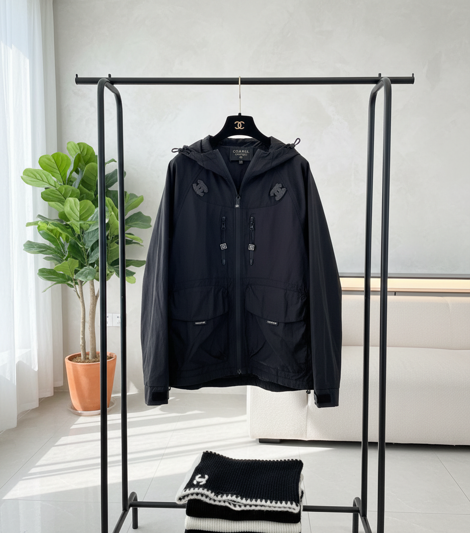 CHANEL Women Black Hooded Windbreaker Jacket Zip Logo