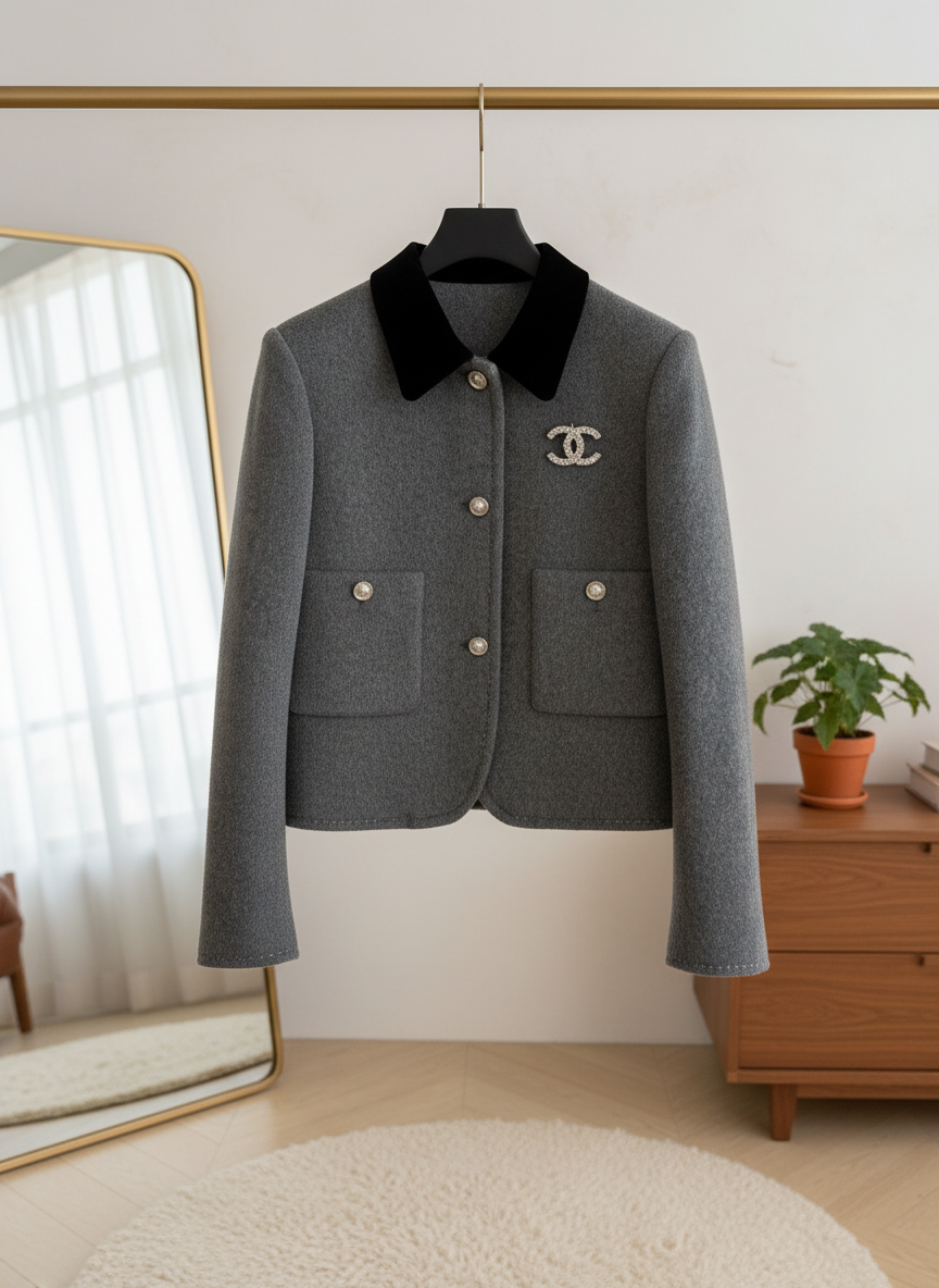 CHANEL Women Wool Jacket Gray Coat Autumn Fashion