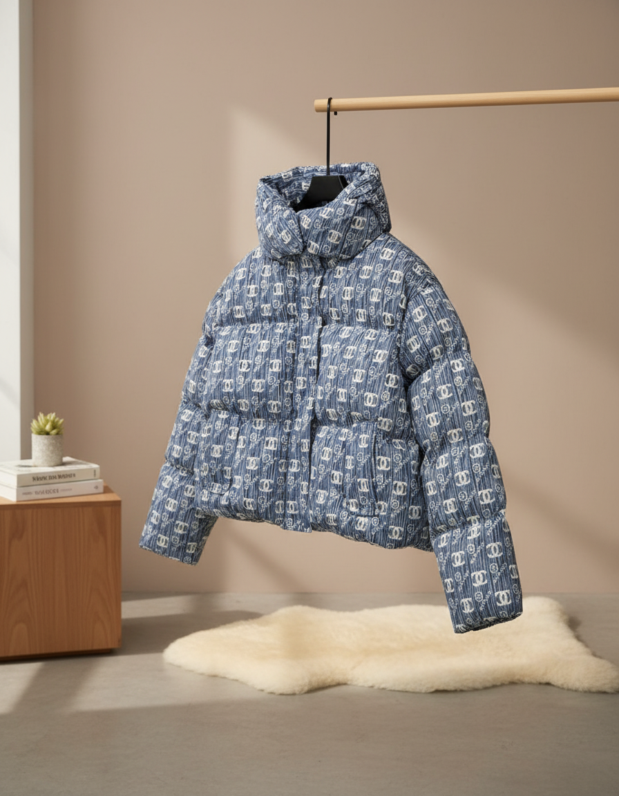 CHANEL Blue Cropped Puffer Jacket Women Winter Coat