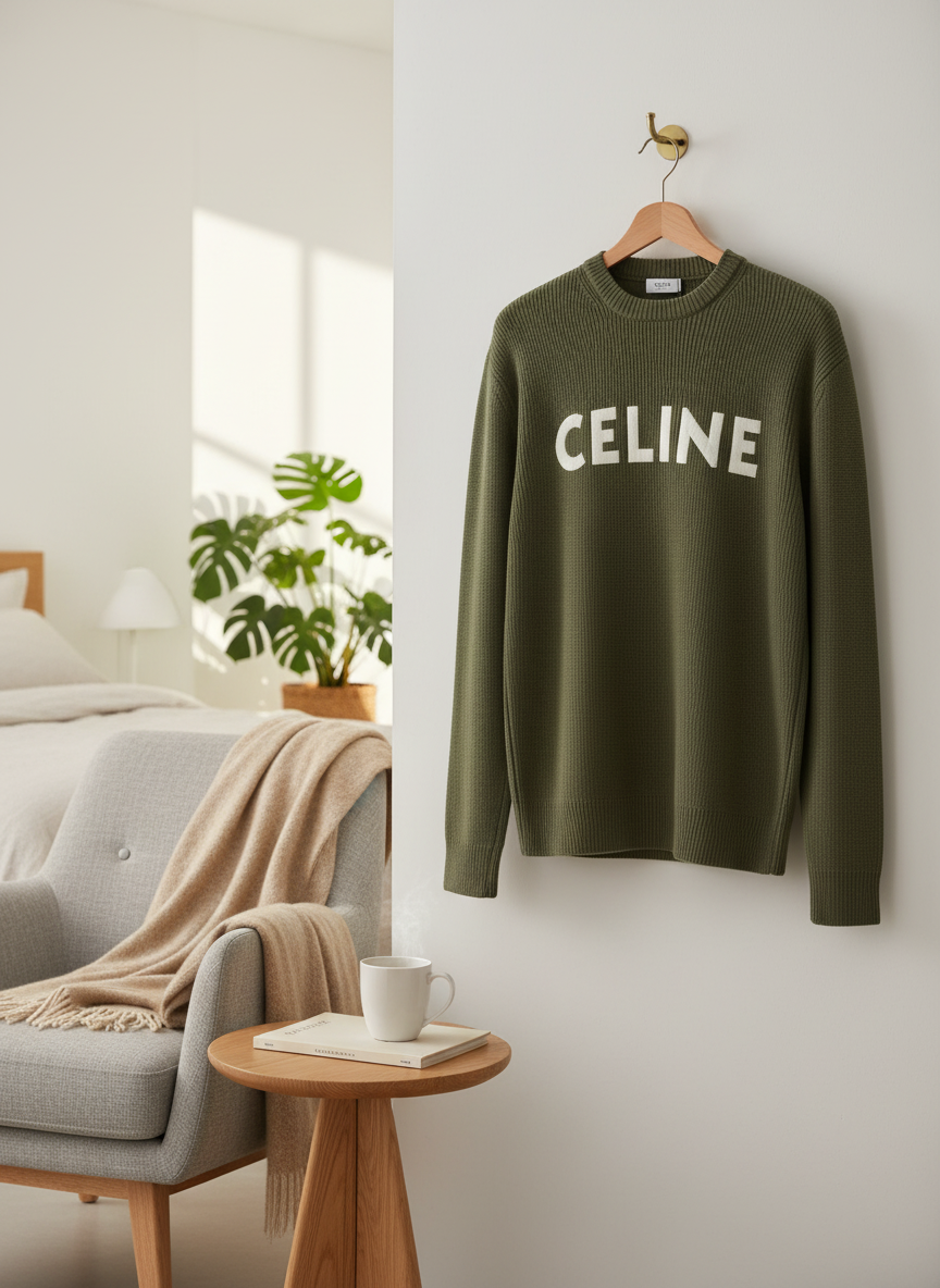 CELINE Olive Green Unisex Knit Logo Hoodie