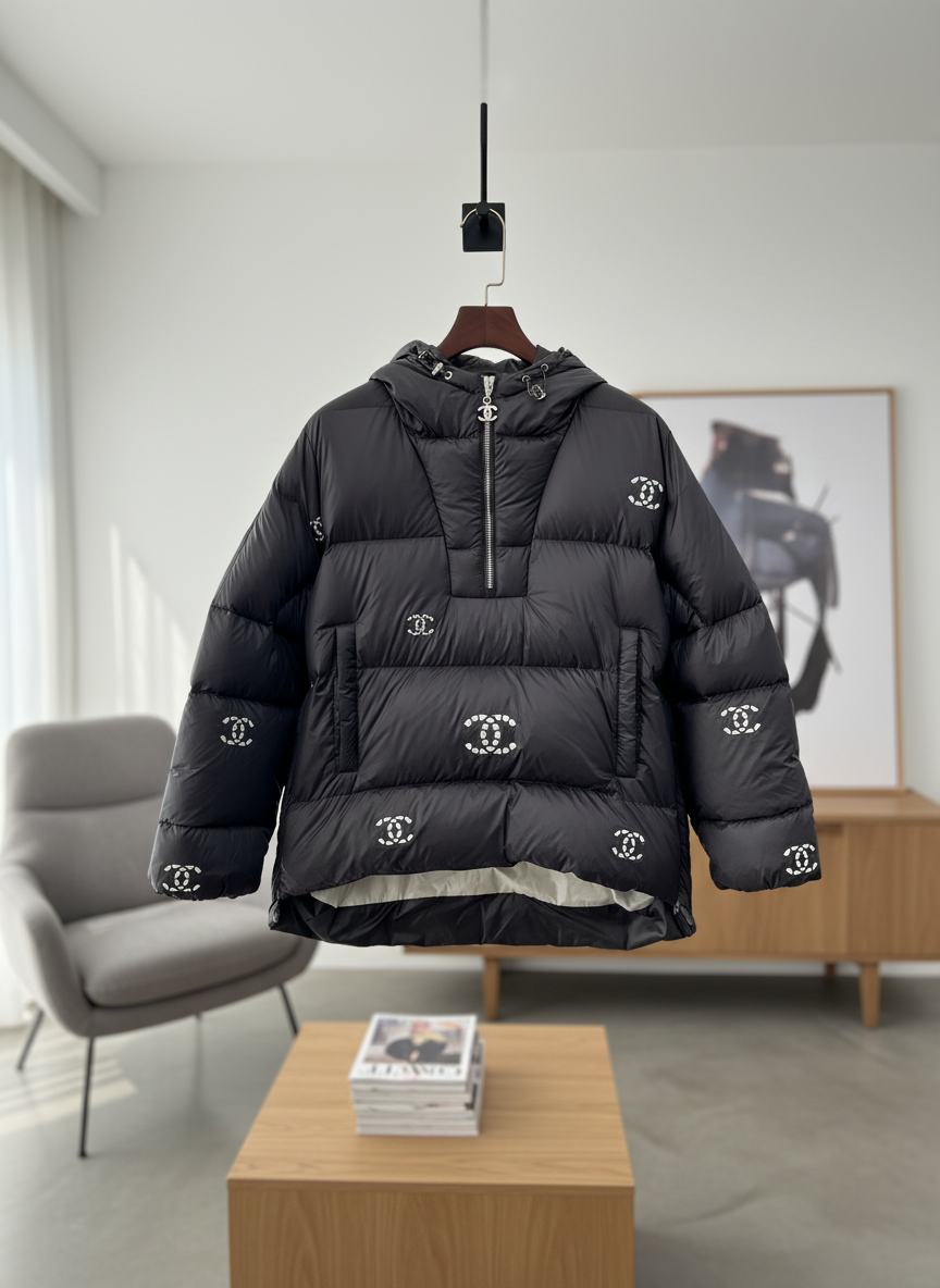 CHANEL Women Down Jacket Black Hooded Winter Coat