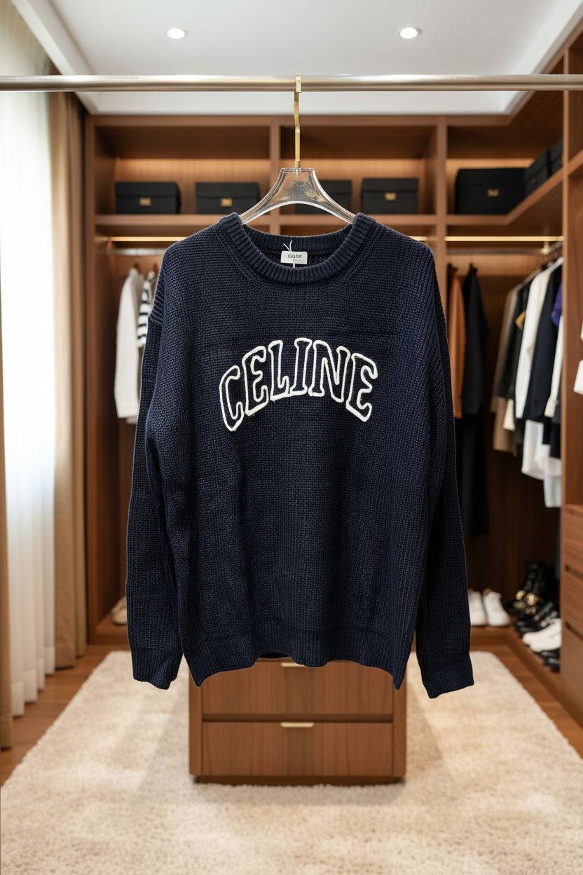 CELINE Navy Knit Hoodie Unisex Streetwear Sweater