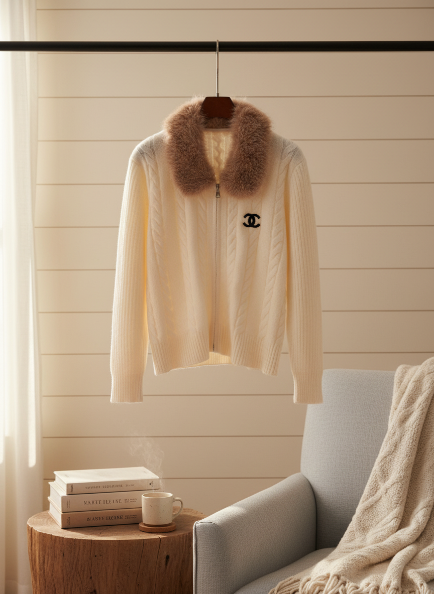 CHANEL White Knit Faux Fur Collar Jacket