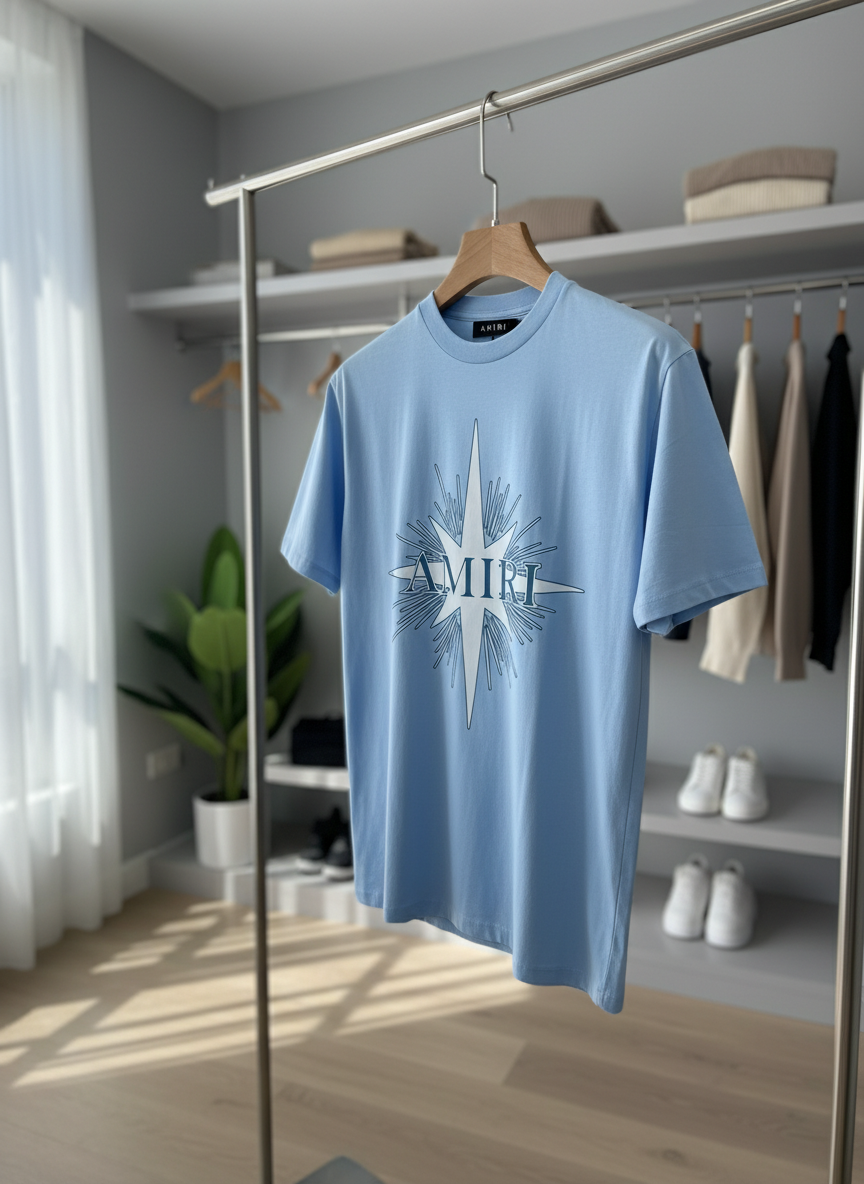 AMIRI Light Blue Star Logo Cotton T-Shirt