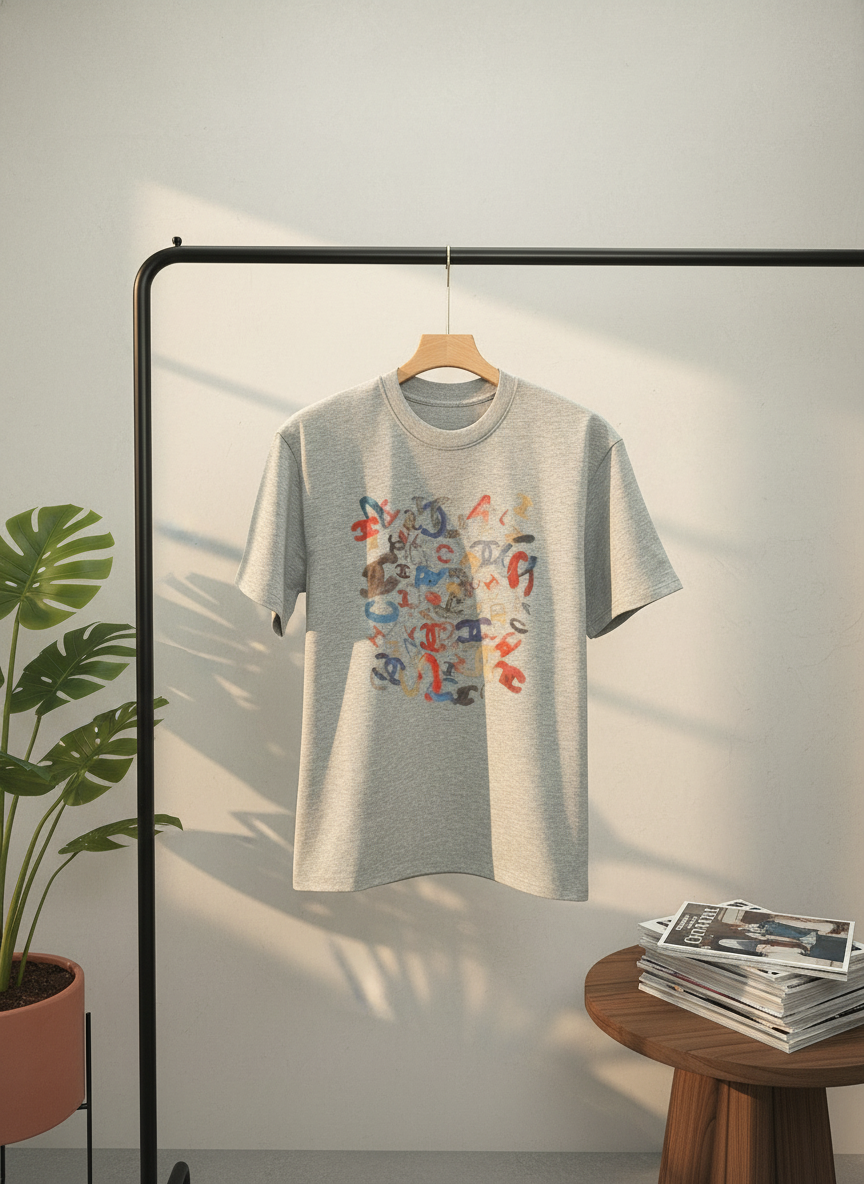 CHANEL Gray Artistic Logo Cotton T-Shirt