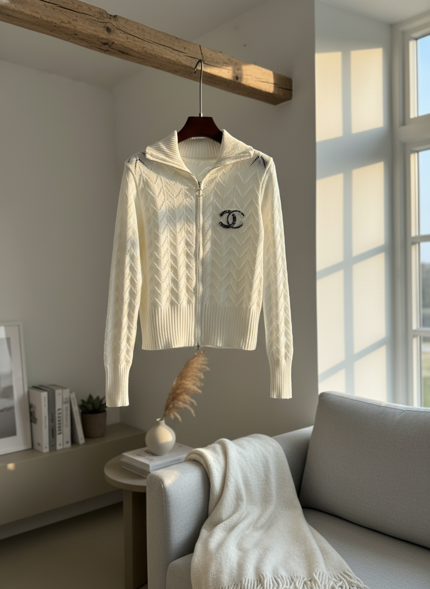 CHANEL White Knit Zigzag Pattern Zip Jacket