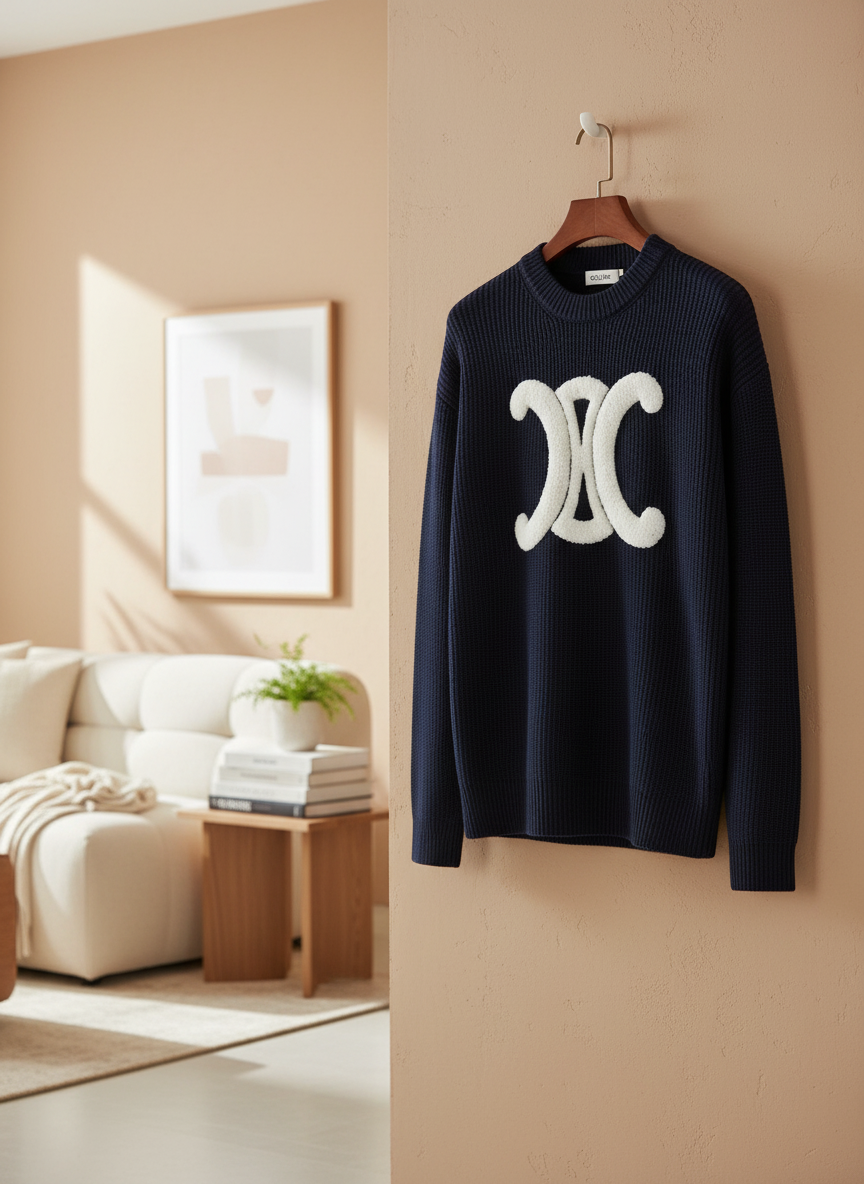 CELINE Triomphe Navy Knit Unisex Hoodie Sweater