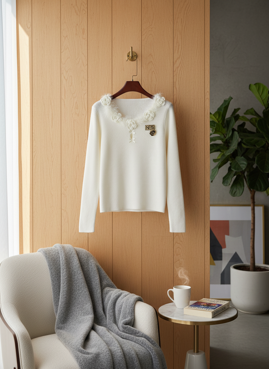 CHANEL White Floral Knit Sweater Women Elegance