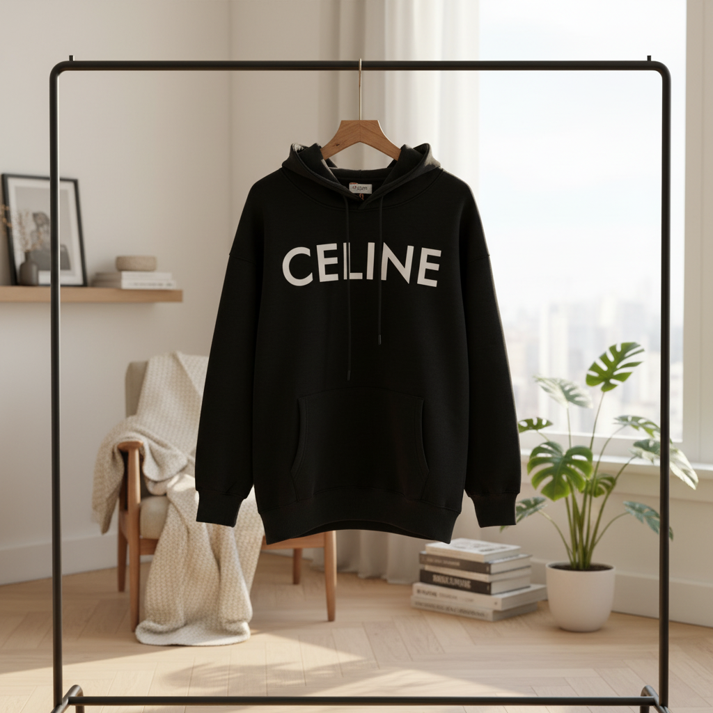 CELINE Black Unisex Logo Hoodie Sweatshirt