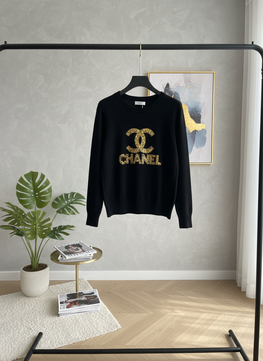 CHANEL Black Hoodie Gold Logo Luxury Sweatshirt