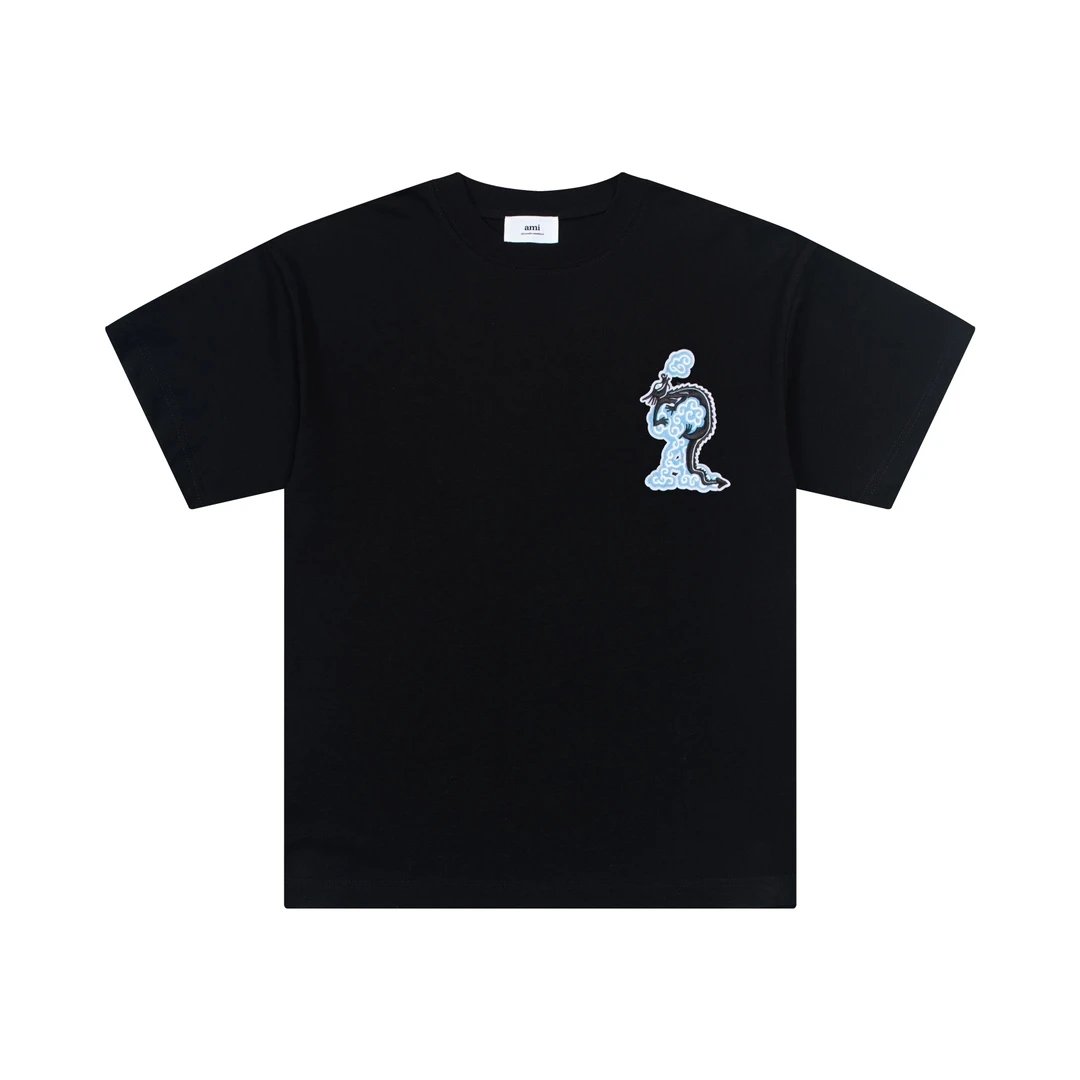 AMI T-Shirts, stylish short-sleeve cotton tees featuring unique blue snake embroidery design, available in classic black and grey, perfect for casual fashion and everyday comfort.