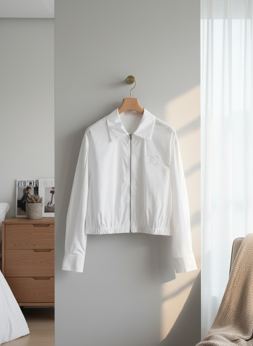 CHANEL Women White Zip Jacket Lightweight Spring Outerwear