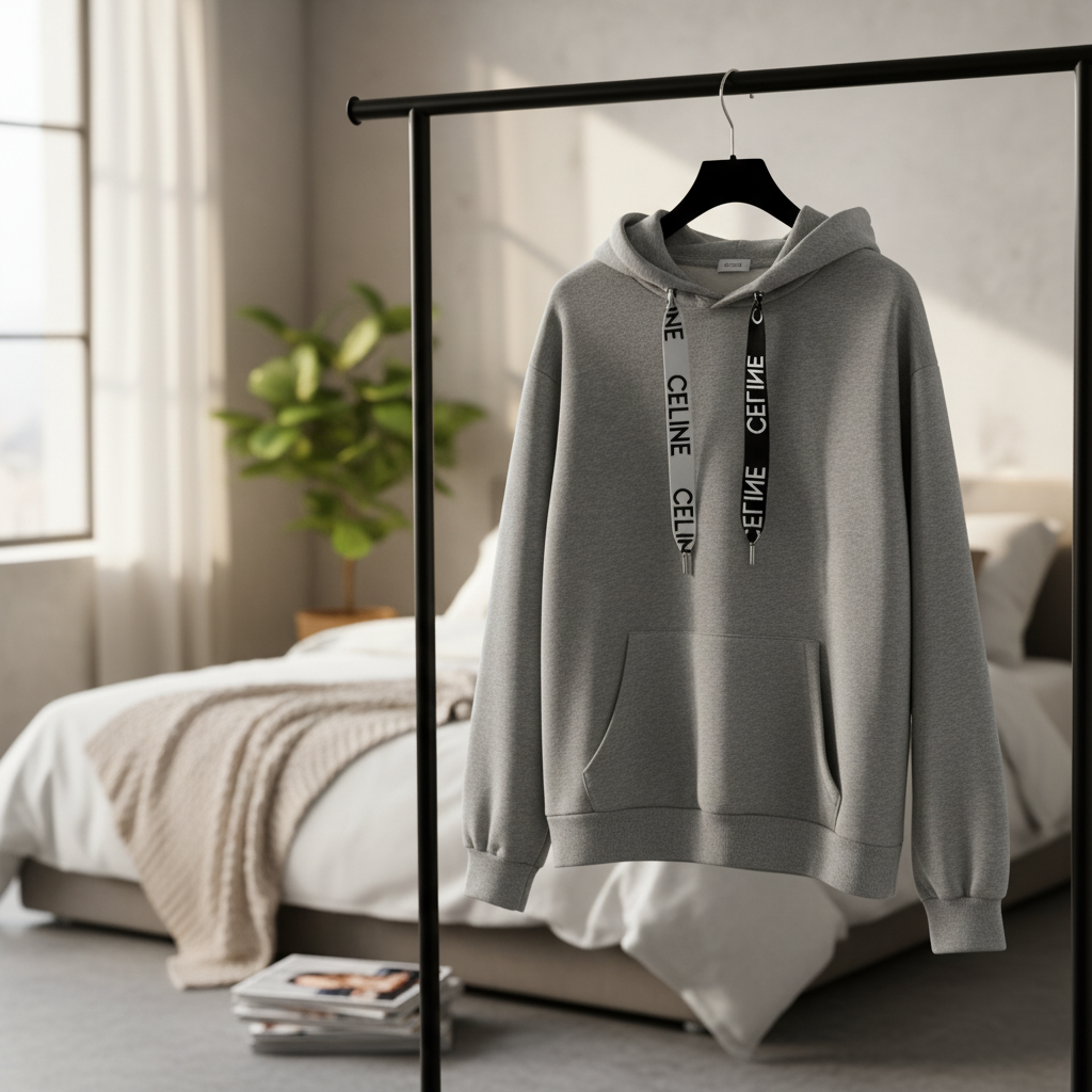 CELINE Grey Unisex Logo Hoodie Streetwear Pullover