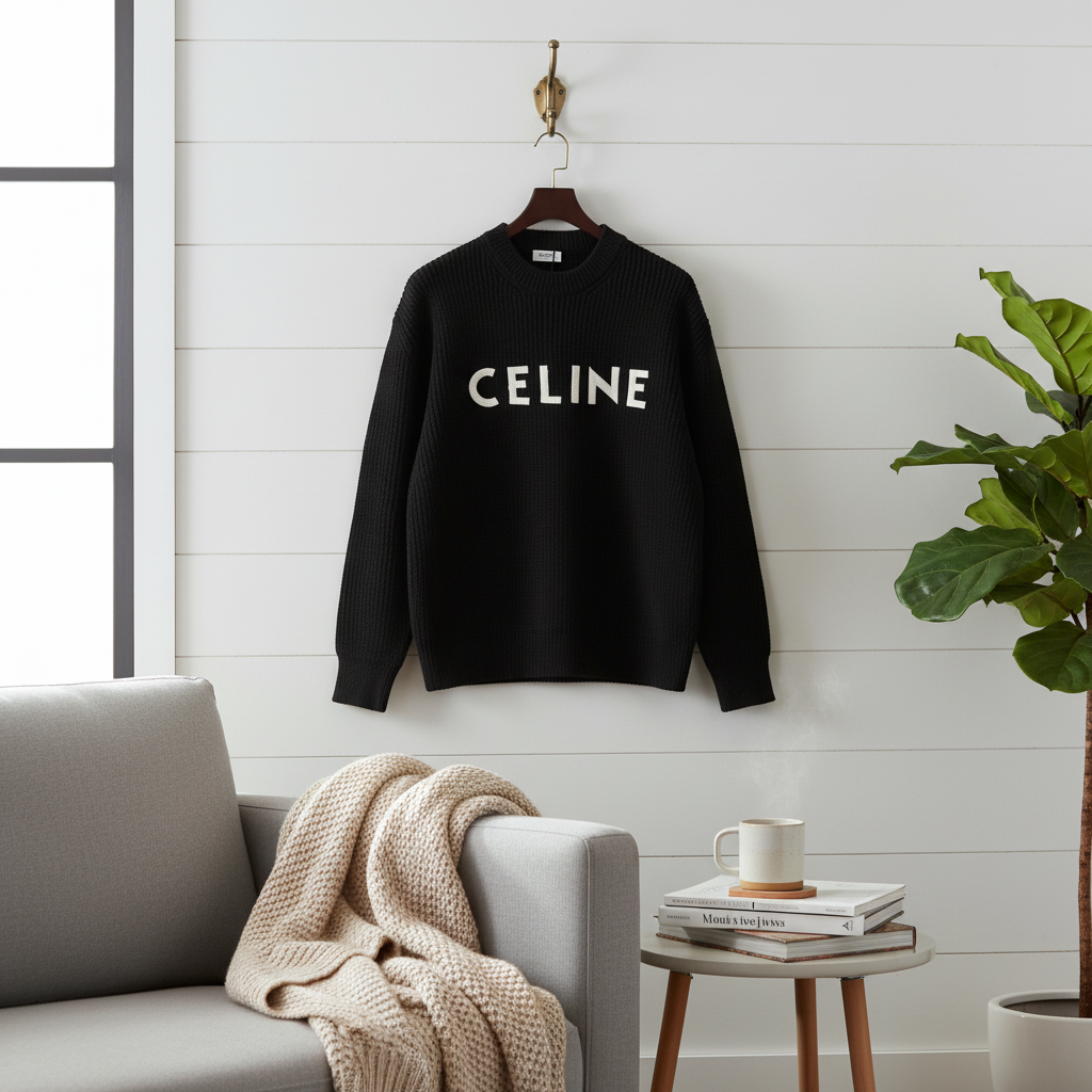 CELINE Black Knit Logo Hoodie Sweater for Men