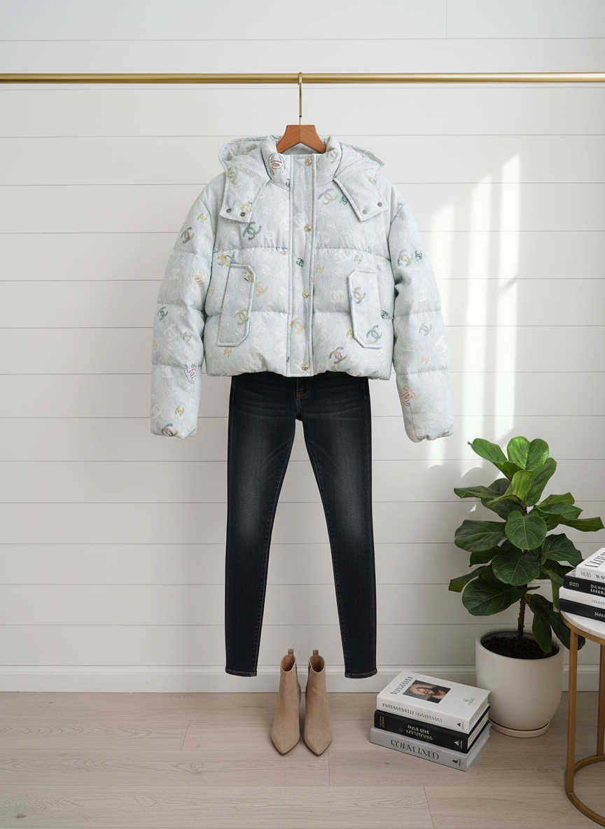 CHANEL Light Blue Hooded Down Jacket Women