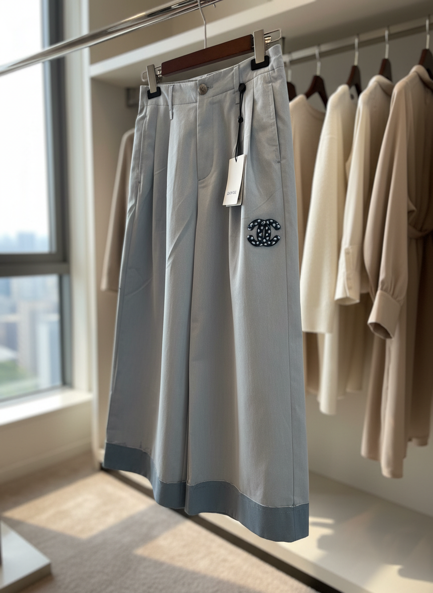 CHANEL High Waist Light Blue Wide Leg Pants