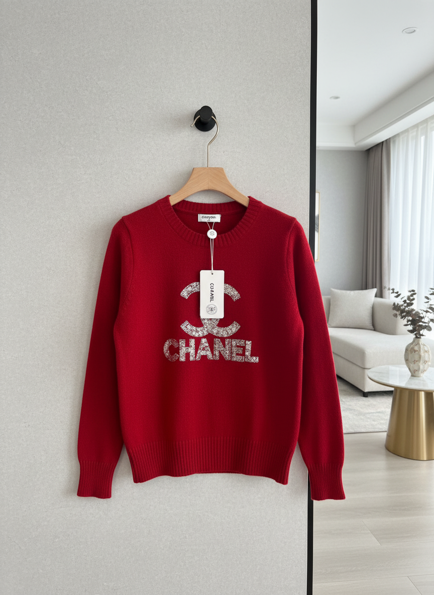 CHANEL Red Crystal Logo Knit Sweater