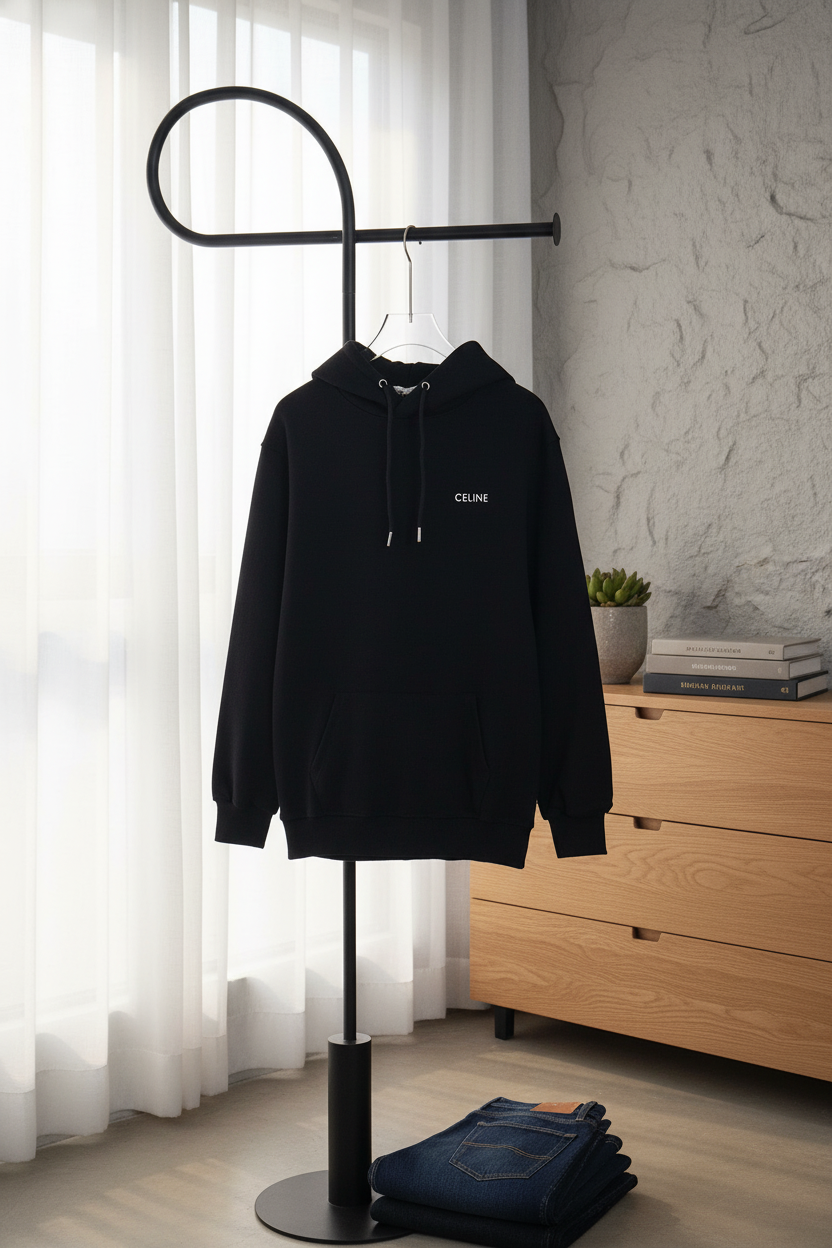 CELINE Black Cotton Hoodie Men’s Streetwear Pullover