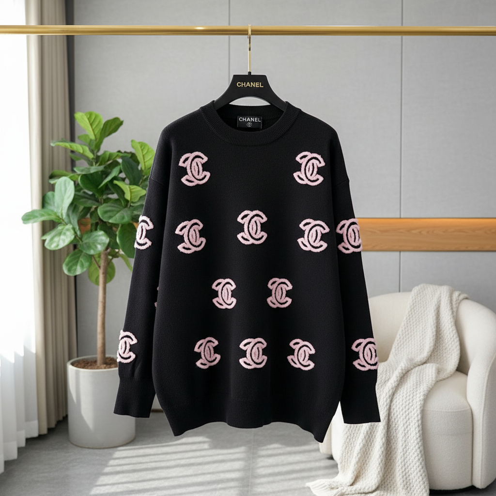 CHANEL Black Knit Hoodie Pink Logo Women Pullover