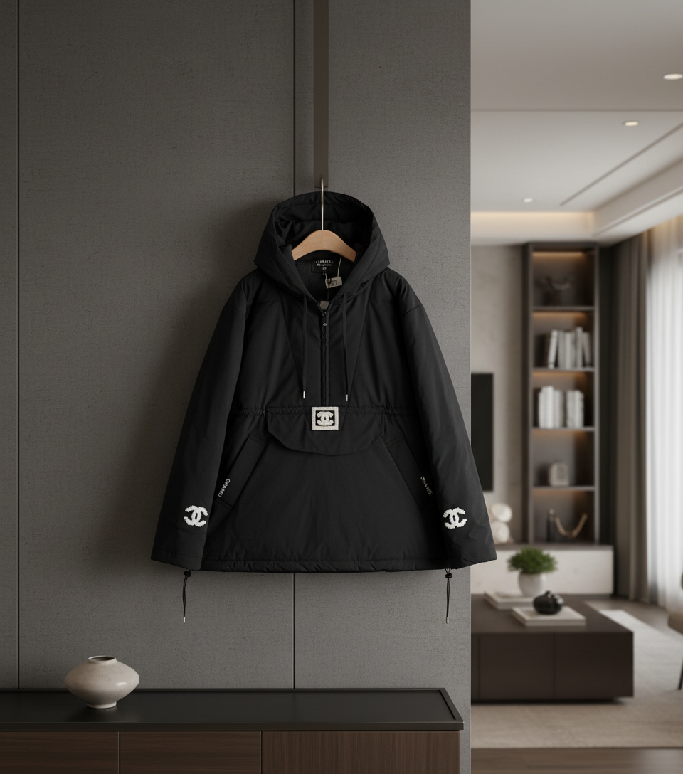 CHANEL Women Hooded Jacket Black Winter Zip Coat