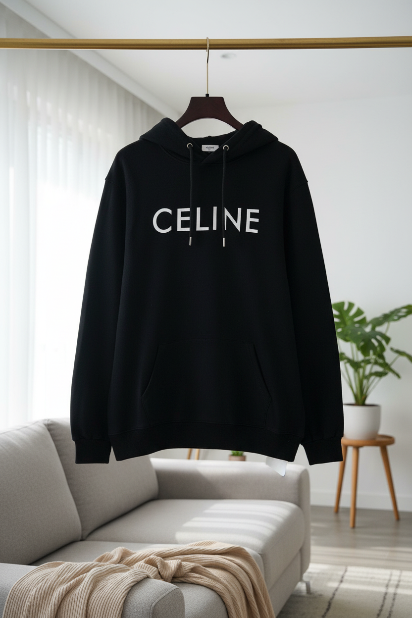 CELINE Black Cotton Logo Hoodie