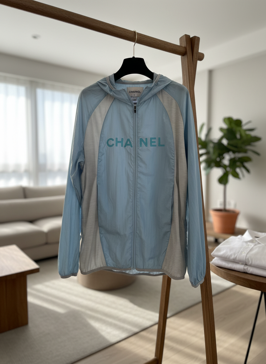 CHANEL Light Blue Hooded Windbreaker Jacket for Women