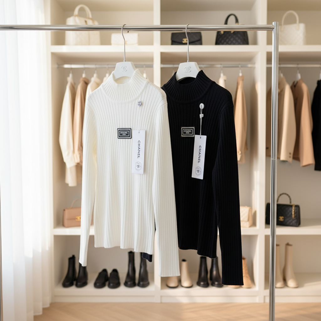 CHANEL Ribbed Knit Turtleneck Sweater Women