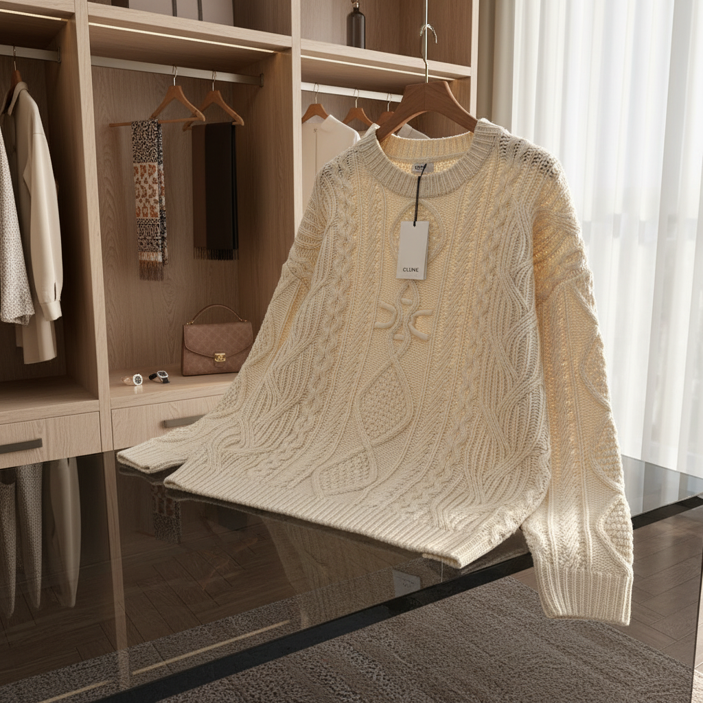 CELINE Cream Cable Knit Wool Sweater Pullover