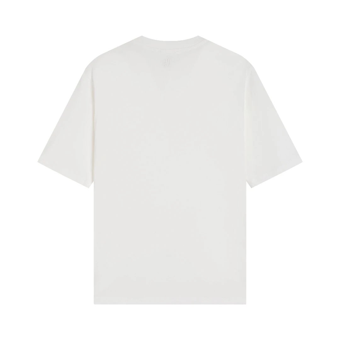 AMI T-Shirt – Classic white cotton tee featuring colorful embroidered heart logo detail, soft breathable fabric, perfect for casual wear and street fashion style.