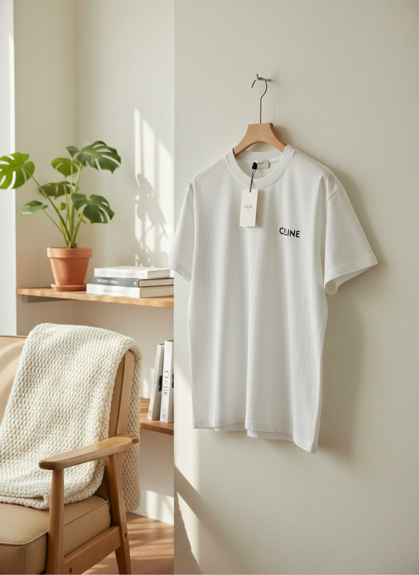 CELINE White Cotton T-Shirt Minimalist Logo Top