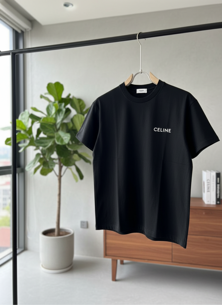 CELINE Black Cotton Logo Print Unisex T-Shirt